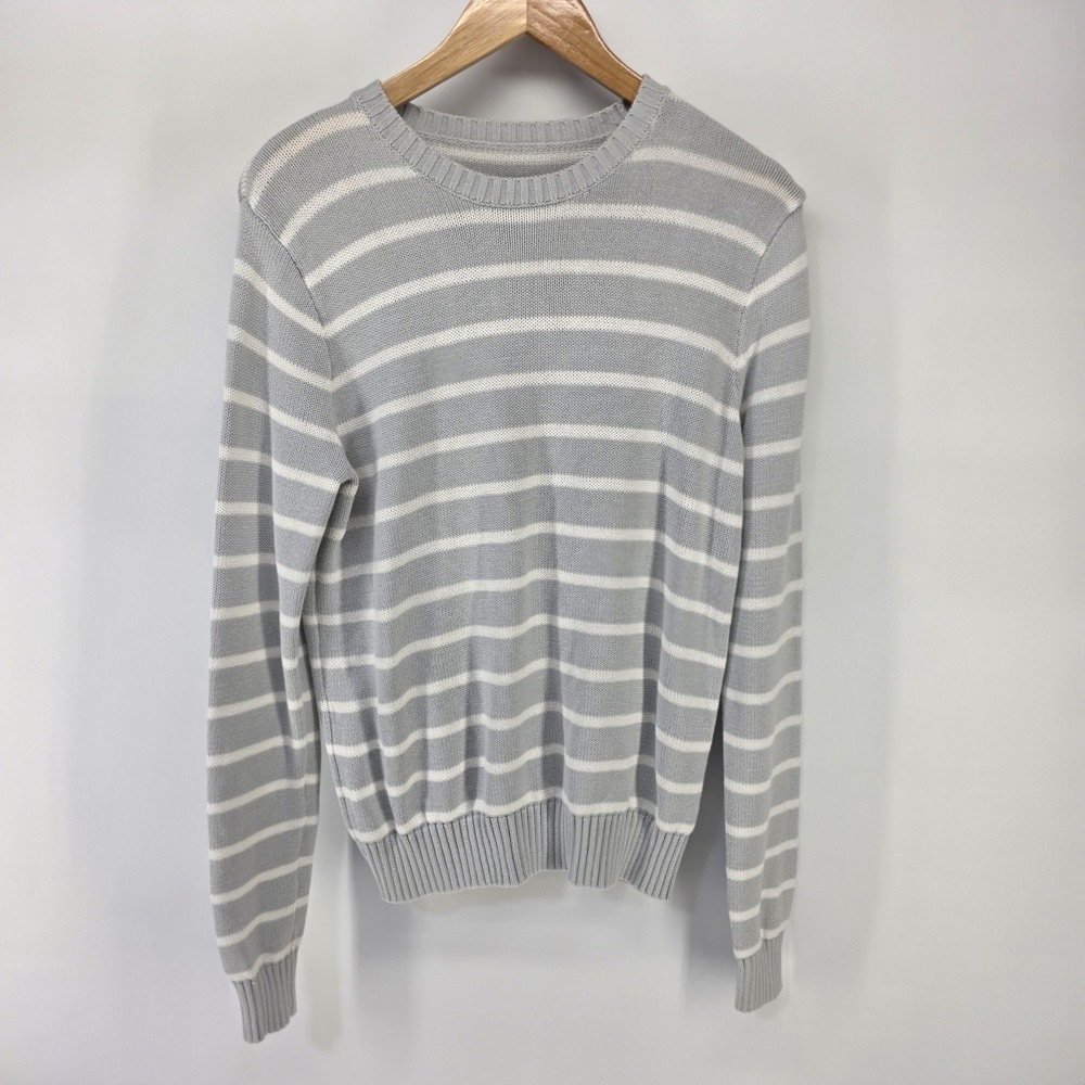 Loft Sweater Womens Medium Gray White Striped Crewneck Long Sleeve Knit Pullover